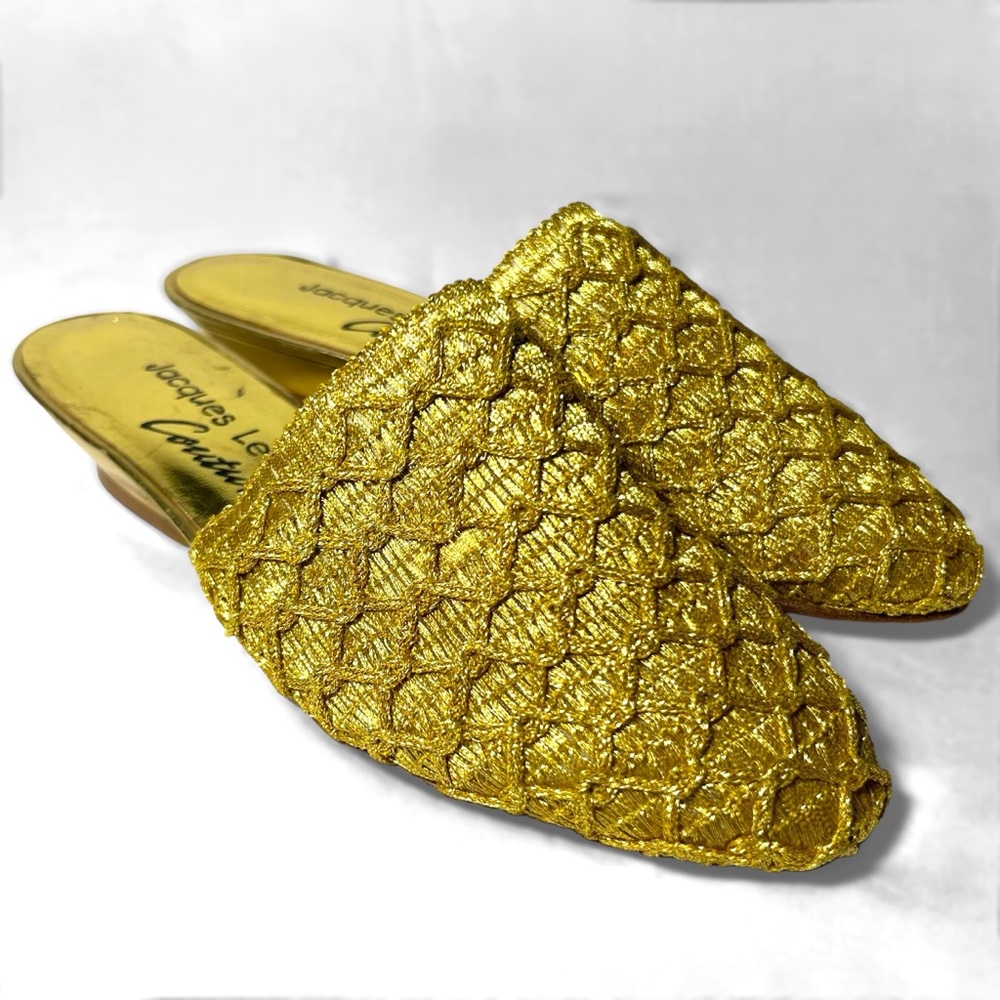 Gold Woven Slip On Mules Backless 1990s Vintage Jacques Levine Couture Formal